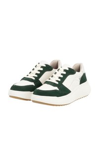 Green and white sneakers with suede and leather materials, flat laces, thick textured soles, and a simple design.