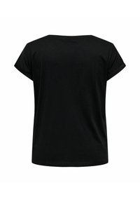 Svart bomulls-t-shirt, korta rullade ärmar, rund halsringning, slät textur, avslappnad passform, bakvy, inga logotyper eller mönster synliga.