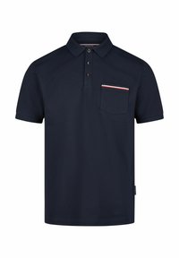 Marineblaues Poloshirt aus strukturiertem Stoff, mit einer Drei-Knopf-Leiste und einer Brusttasche mit rot-weißen Akzenten.