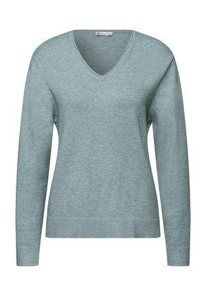 Pull léger bleu en V en tissu tricoté doux, doté de manches longues et de poignets et ourlet côtelés, offrant un ajustement confortable.