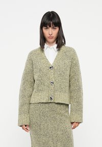 Light green knitted cardigan with a V-neck, four large buttons, and ribbed cuffs. Textured fabric with a cropped hem design.
