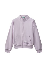 Felpa zip con collo alto di colore viola chiaro, tasche frontali e polsini a coste. Presenta un ricamo "United Colors of Benetton". Tessuto morbido.