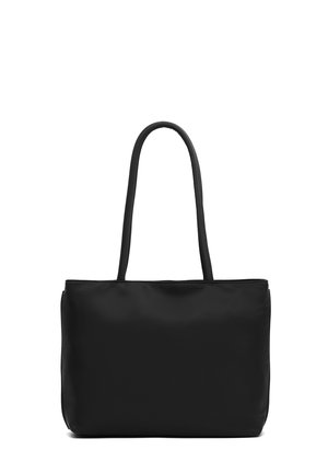 Sort rektangulær håndtaske med to lange håndtag, glat tekstur og minimalistisk design på hvid baggrund.