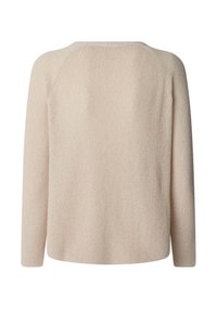 Beige neulepaita, jossa on pitkähihaiset hihat, pyöreä pääntie ja tekstuuripinta. Takana on yksinkertainen, saumaton muotoilu.