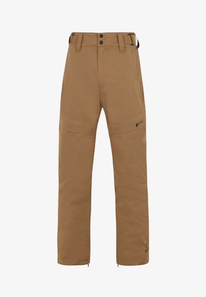 Pantalones de outdoor en tono marrón, resistentes al agua, con dos bolsillos frontales, cremallera en los tobillos, trabillas para cinturón y detalles de logotipo en la parte inferior de la pierna.