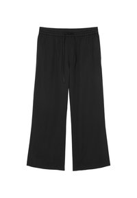 Zwarte wijde broek van een zachte, lichtgewicht stof. Voorzien van een elastische tailleband met een trekkoord voor een verstelbare pasvorm.