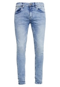 Ljust blå skinny jeans i denim, med en urtvättad finish, fem fickor samt knapp- och dragkedjestängning. Slät textur, avsmalnande ben.