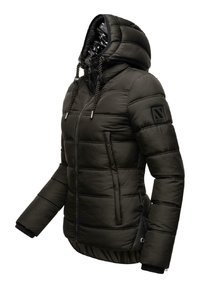 Padded black jacket with a hood, featuring elastic cuffs, zippered front, and two side pockets. Includes drawstrings on the hood.