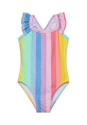 Maillot de bain une pièce à rayures verticales multicolores dans des tons pastels. Il présente un décolleté en V et des bretelles à volants. Confectionné en tissu doux.