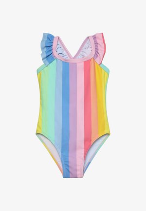 Einteiliger Badeanzug mit mehrfarbigen vertikalen Streifen in Pastellfarben. Verfügt über einen V-Ausschnitt und gerüschte Träger. Hergestellt aus weichem Stoff.