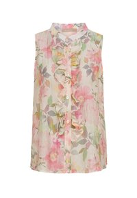 Blommig ärmlös blus i lätt tyg med en volang framtill, i pastellfärger som rosa, grönt och gult, med knäppningar.