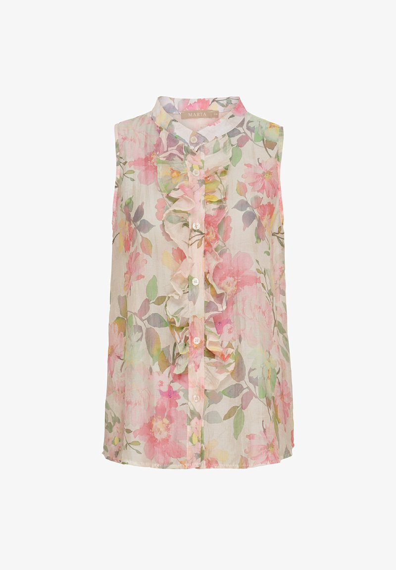 Blomstret ærmeløs bluse i let materiale med rynket front, i pastelfarver som lyserød, grøn og gul, med knaplukninger.