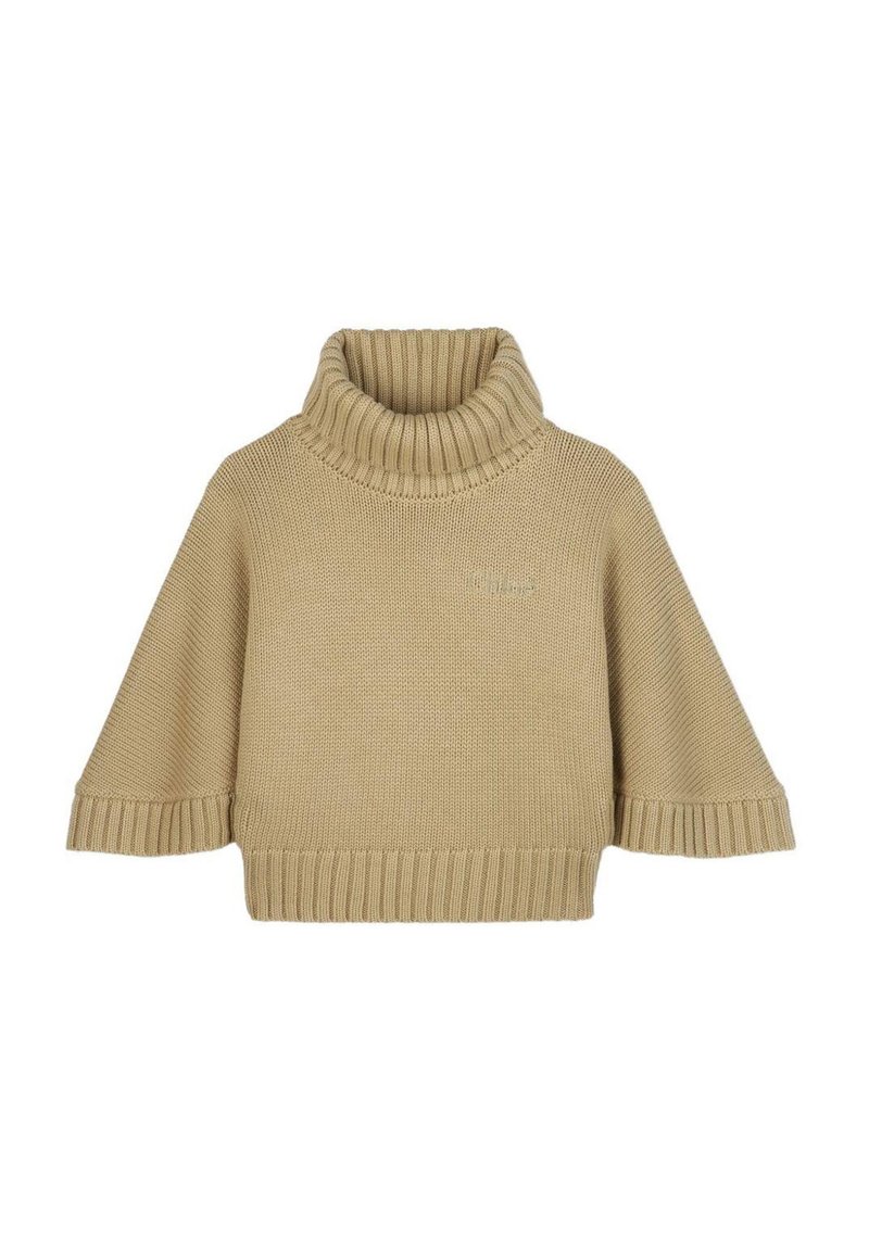 Pullover a maglia color beige con colletto a dolcevita alto e maniche corte, con polsini e orlo a coste. Tessuto leggero, branding minimale.
