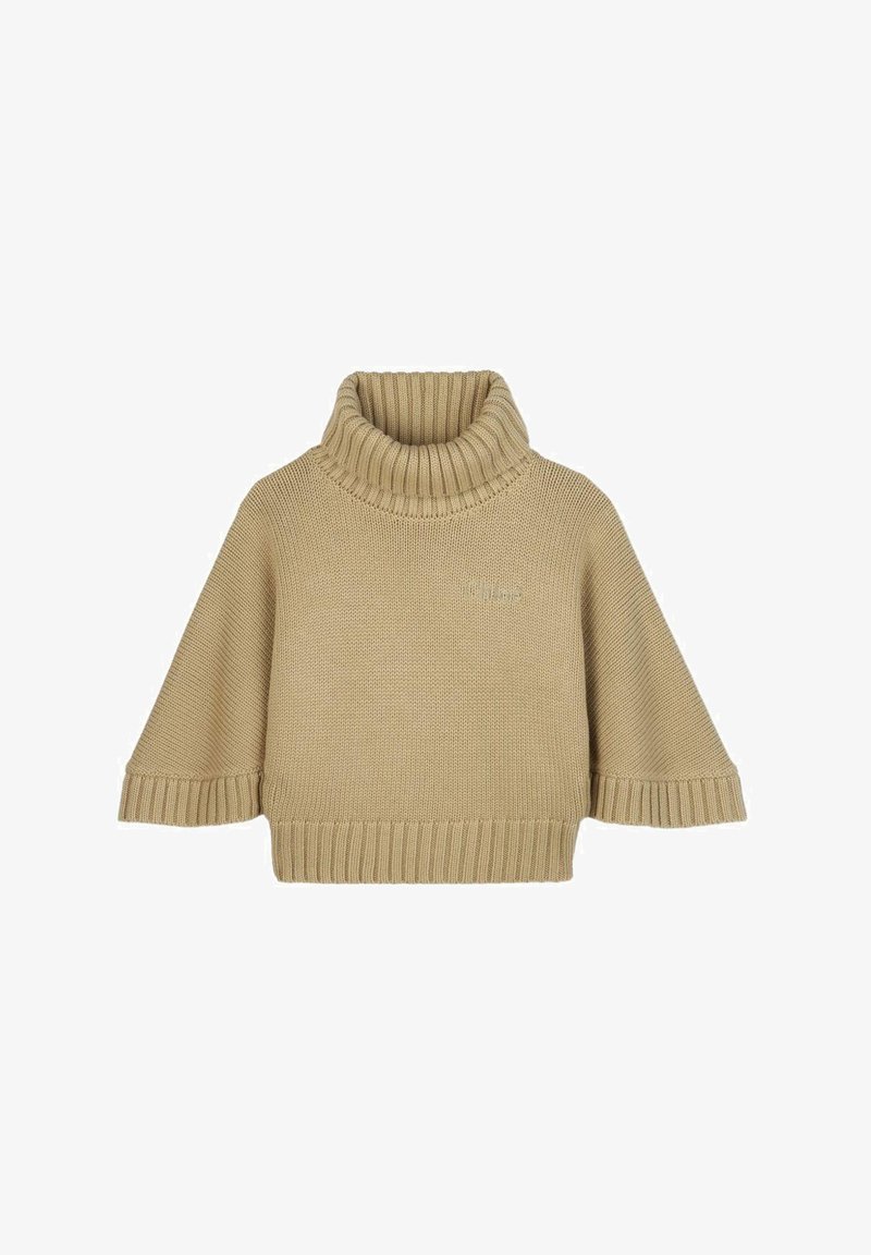 Beżowy sweter z dzianiny z wysokim, prążkowanym golfem i krótkimi rękawami, z prążkowanymi mankietami i dołem. Lekka struktura, minimalne oznakowanie.