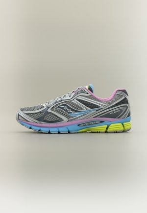Gray running shoe with blue, pink, and yellow accents, mesh upper, and "Guide 7" label on the side, viewed from the outer side.