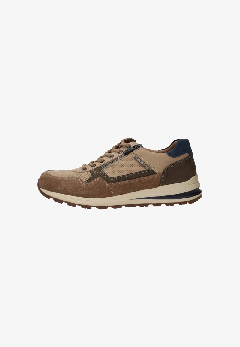 Braune Wildleder-Sneaker mit Netzelementen, beigen Details und blauen Fersen. Verfügt über Schnürsenkel und einen seitlichen Reißverschluss für einen einfachen Einstieg. Gummisohle.