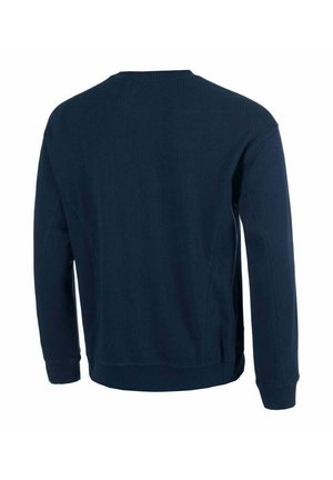Marineblaues Langarm-Sweatshirt, von hinten gezeigt, mit gerippten Bündchen und Saum sowie einem Rundhalsausschnitt.