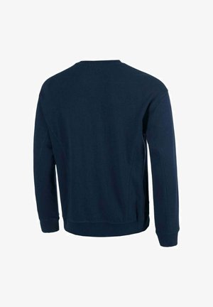 Marineblaues Langarm-Sweatshirt, von hinten gezeigt, mit gerippten Bündchen und Saum sowie einem Rundhalsausschnitt.