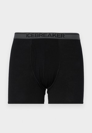 Sorte boxer briefs laget av mykt, elastisk materiale; har en grå elastisk midje med "ICEBREAKER" logo; designet med en formet pose.