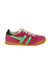 Pink suede sneaker featuring green metallic stripes, a black heel, and a textured gum rubber sole. White laces and beige lining.