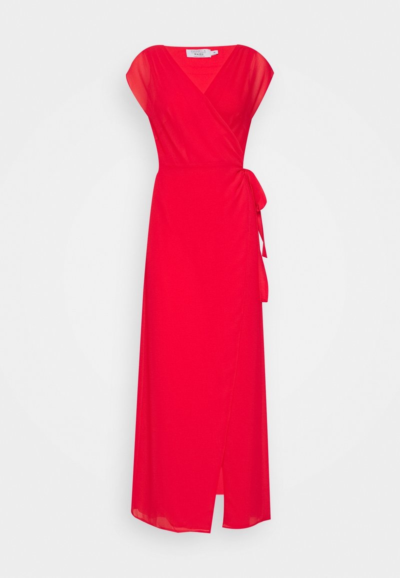 Robe enveloppante rouge avec un décolleté en V, des manches courtes et une ceinture sur le côté. Fabriquée en tissu léger avec une fente haute sur la cuisse. Texture lisse.