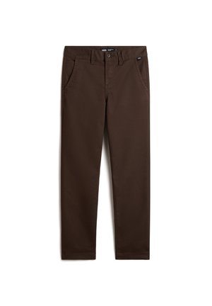 Braune Baumwollhosen mit schmalem Schnitt, ausgestattet mit vorderen Taschen und einem Reißverschluss. Glatte Textur, maßgeschneiderter Schnitt und saubere Verarbeitung.