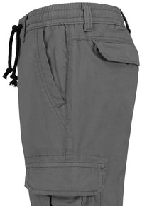 Graue Cargo-Hosen mit elastischem Bund, Kordelzugdetails, Seitentasche und Cargotasche am Oberschenkel, ausgestattet mit strapazierfähigem Stoff.
