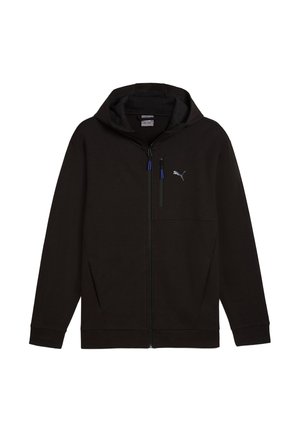 Czarna bluza z kapturem i zamkiem błyskawicznym, boczne kieszenie, kieszeń na piersi na suwak i małe logo Puma na lewej piersi.