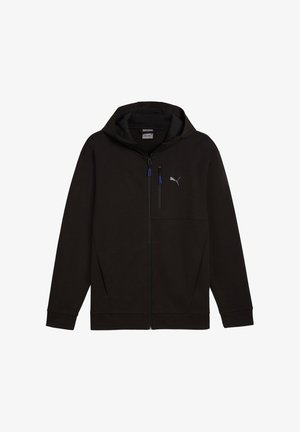 Czarna bluza z kapturem i zamkiem błyskawicznym, boczne kieszenie, kieszeń na piersi na suwak i małe logo Puma na lewej piersi.