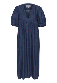 Denimmekko syvällä V-kaula-aukolla, puff-hihoilla ja kerätyllä vyötäröllä. Sisältää punaisia sydänkirjontoja ympäriinsä. Keskipituinen ja rentoistuvuus.