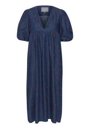 Jeansklänning med djup V-ringning, puffärmar och insamlad midja. Har röd hjärtbroderi över hela. Medium längd med avslappnad passform.