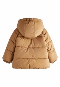 Brun puffjacka med huva, quiltat mönster och elastiska ärmslut. Slät textur med breda horisontella sektioner och en avslappnad passform.