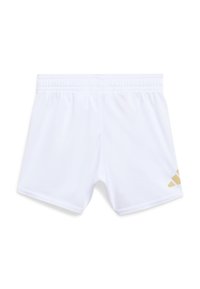 Shorts deportivos blancos con cintura elástica y logo dorado de Adidas en la parte inferior de la pierna izquierda.