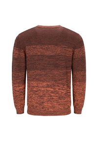 Langärmliger Strickpullover mit horizontalen Streifen in Rost- und Dunkelbrauntönen, mit geripptem Kragen und Bündchen.