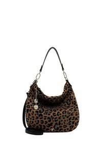 Torba hobo w print w panterkę w brązowym i czarnym kolorze. Luźny design z długim, regulowanym paskiem i metalowymi akcentami.