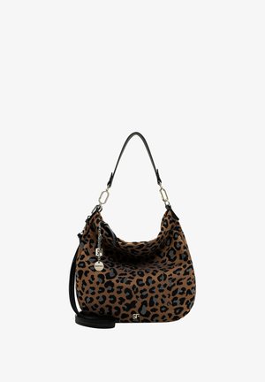 Leopard print hobo bag in brown and black fabric. Slouchy design with a long, adjustable strap and metallic hardware accents.