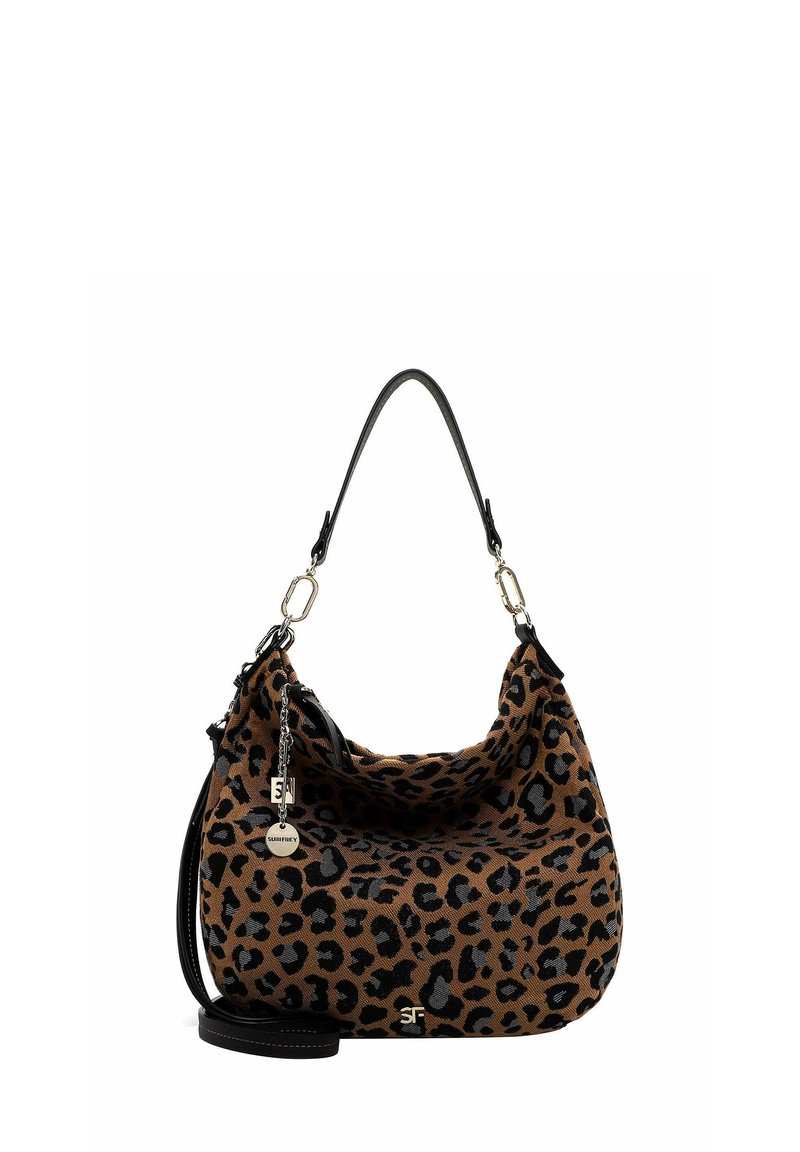 Torba hobo w print w panterkę w brązowym i czarnym kolorze. Luźny design z długim, regulowanym paskiem i metalowymi akcentami.