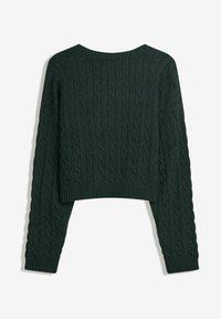 Sötétzöld, rövidített pulóver fonott mintával, bordázott nyakkivágással és passzékkal. A hátulja egyszerű, további díszítés nélkül.
