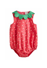 Sleeveless red baby romper with white polka dots, green scalloped collar, and snap closures at the bottom.