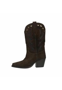 Bottes de cow-boy en suede marron avec un bout pointu, des coutures décoratives et des motifs découpés. Dotées d'un talon empilé et d'une langue pour un enfilage facile.