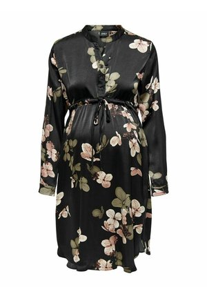 Schwarzes Satin-Maternity-Kleid mit rosa und beigem Blumenmuster, langen Ärmeln, Stehkragen, Knopfleiste und verstellbarem Taillenzug.