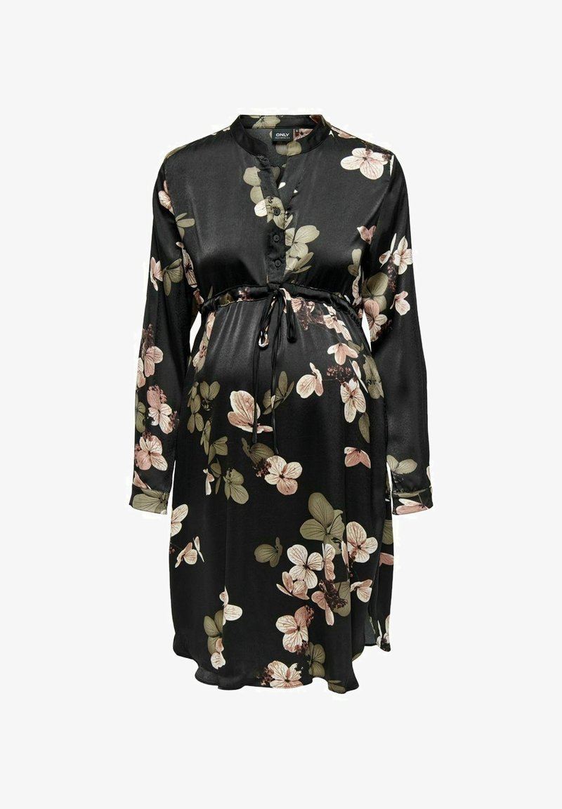 Robe de maternité en satin noir avec imprimé floral rose et beige, manches longues, col mandarin, patte de boutonnage et ceinture ajustable.