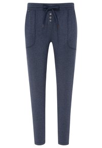 Marinblå joggers i mjukt tyg, med dragsko i midjan, tre knappar fram och två sidofickor, samt avsmalnande ben.
