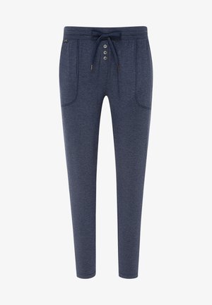 Navyblauwe joggers van zachte stof, met een elastische tailleband, drie knopen aan de voorkant en twee zijzakken, met taps toelopende pijpen.