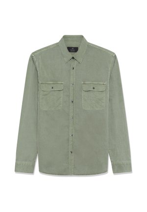 Ilgasrankoviai alyvuogių žalios spalvos marškiniai su sagomis, dviem priekinėmis krūtinės kišenėmis ir smaigaliu apykakle.