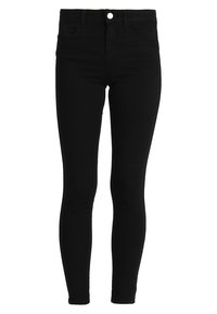 Jeans skinny negros de cintura alta hechos de una tela elástica, que cuentan con un cierre frontal de botón, dos bolsillos laterales y un diseño minimalista.
