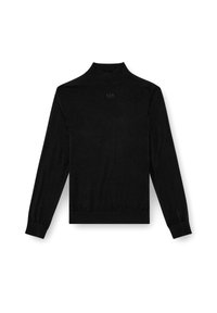 Maglione nero a collo alto, maniche lunghe, polsini e orlo a coste, con un discreto logo sul petto. Tessuto morbido e leggero.