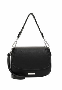 Czarna skórzana torba na ramię z teksturowanym wykończeniem, srebrnymi elementami, plecionym paskiem i prostokątnym kształtem. Posiada przednią klapę oraz detal z logo marki.