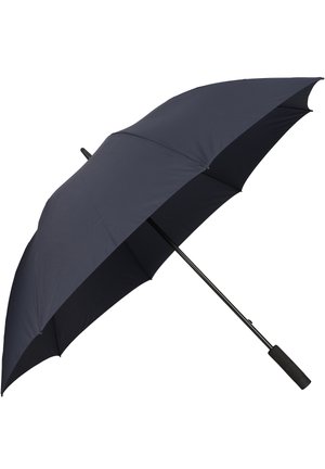 Parapluie en tissu bleu marine avec un cadre en métal noir et une poignée à texture, affichant une forme classique et un design lisse et épuré.