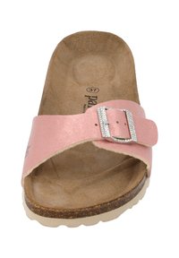 Rosa läder-slide sandal med en texturerad fotbädd, justerbar rem med en silverfärgad spänne och en ljusgummisula. Storlek 37.